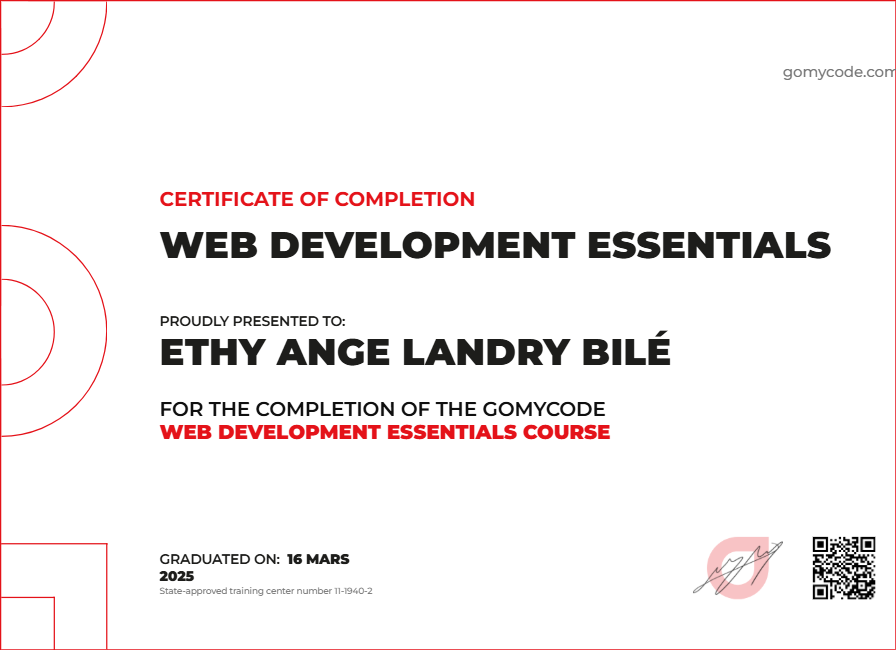 ETHY ANGE LANDRY BILÉ Certificate of Completion Web Development Essentials