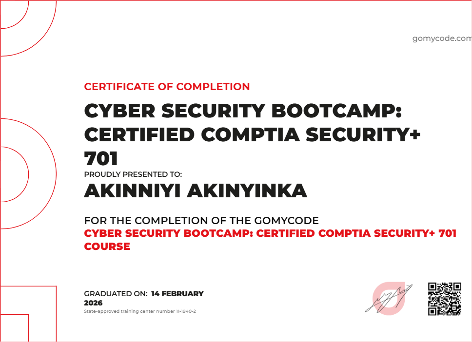 Akinniyi Akinyinka Certificate of Completion Cyber Security Bootcamp ...
