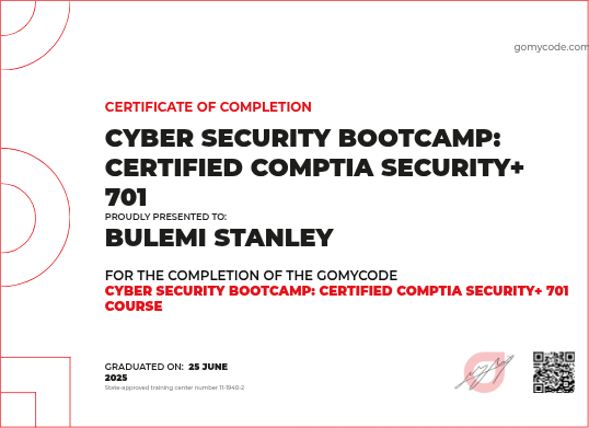 Bulemi Stanley Certificate of Completion Cyber Security Bootcamp ...