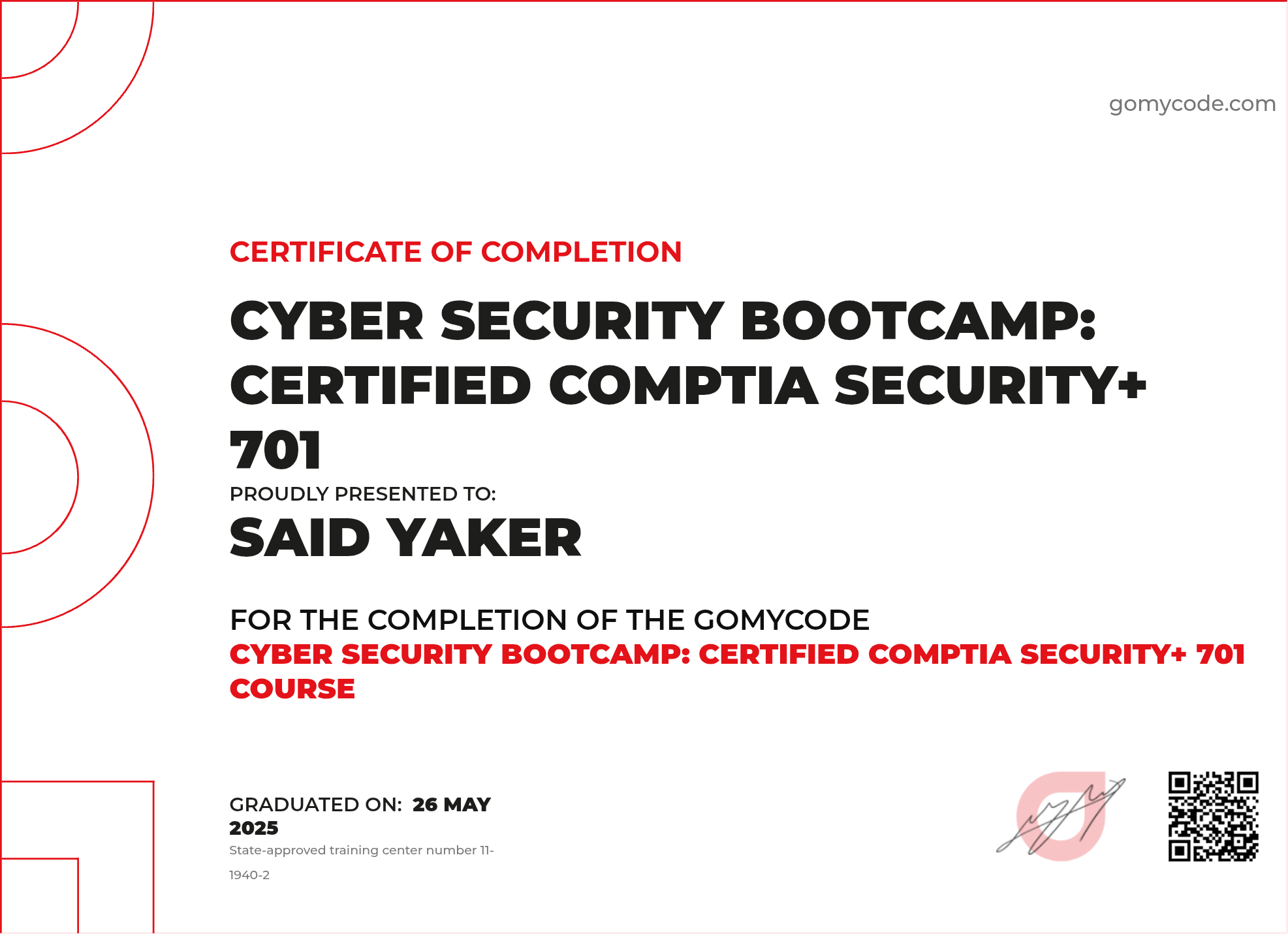 Said Yaker Certificate of Completion Cyber Security Bootcamp: Certified ...