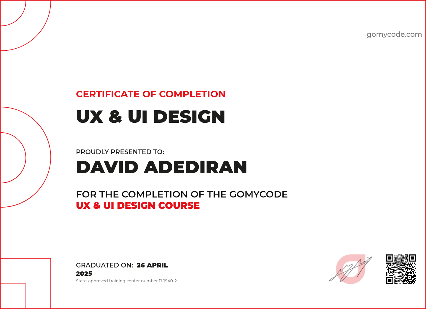 David Adediran Certificate of Completion UX & UI Design