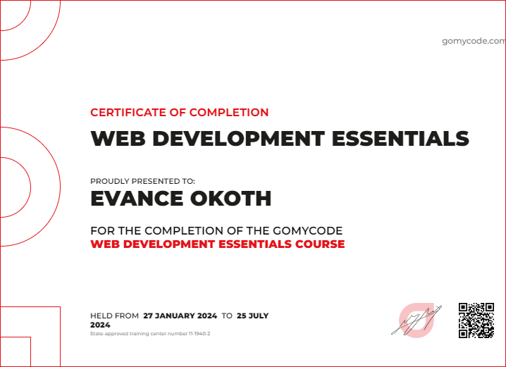 Evance Okoth Certificate of Completion Web Development Essentials
