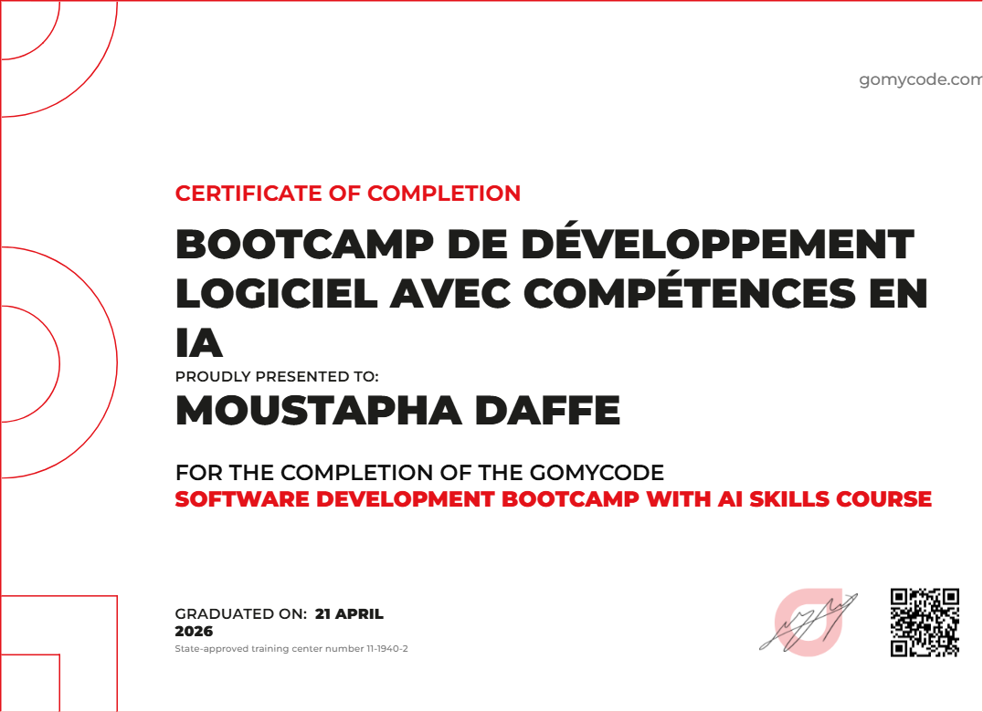 Moustapha Daffe Certificate of Completion Software Development Bootcamp ...